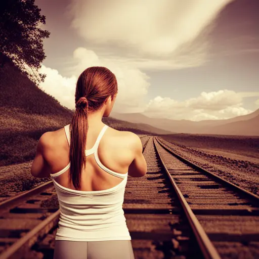Computer-generated image of a woman looking down a railway track.