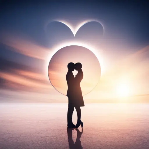 Computer-generated image of two people touching heads at a sunset.