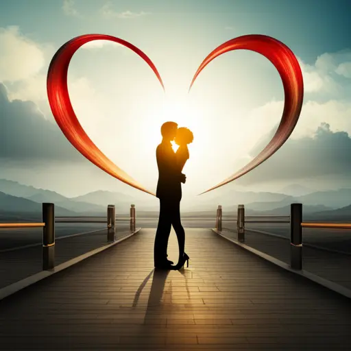 Computer-generated image of two people kissing on a pier. Behind them are two red streaks forming a heart.